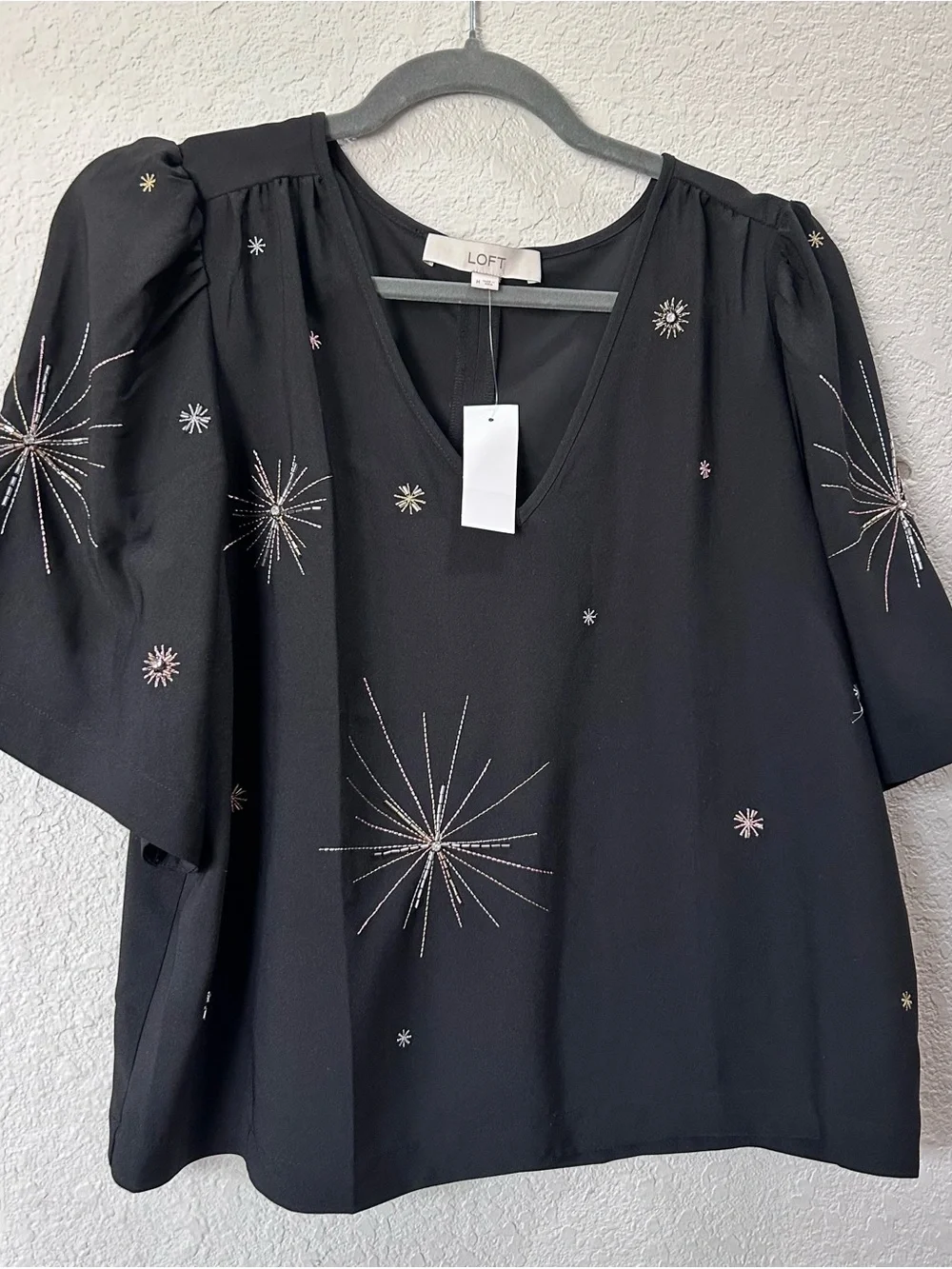 LOFT Black V-Neck Starburst Embroidered Puff-Sleeve Blouse